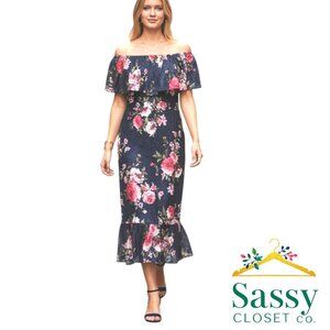 LuLaRoe Floral Maxi Dress Ruffle Sleeve Navy Pink Women’s 2X EUC